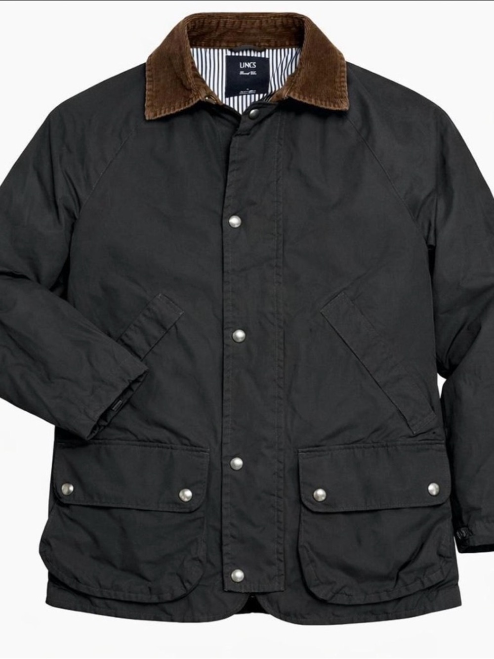 INC International Concepts Black Raincoat with Brown Corduroy Collar